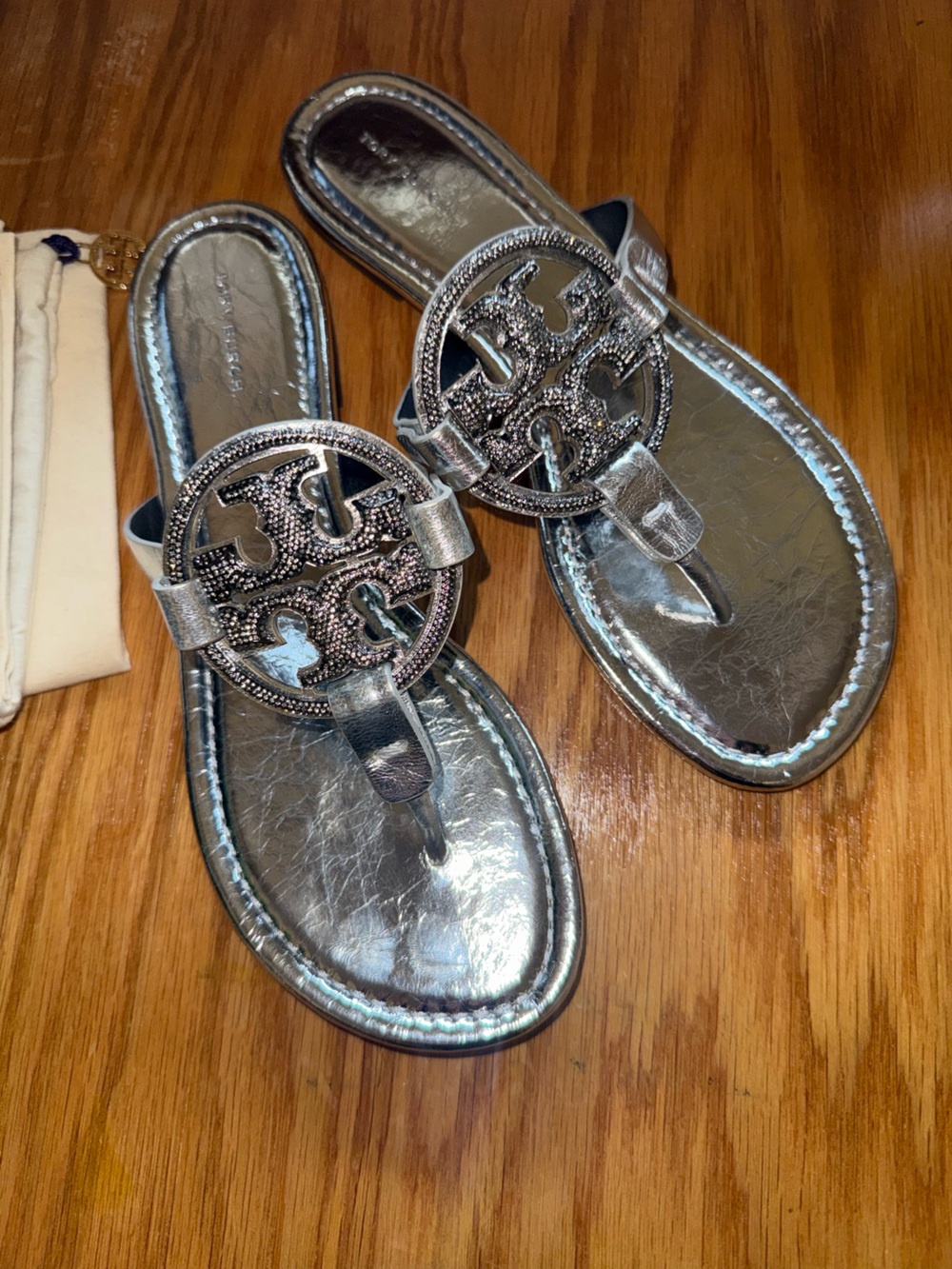 Tory Burch Silver Metallic Rhinestone Miller Sandals - Picture 5 of 7